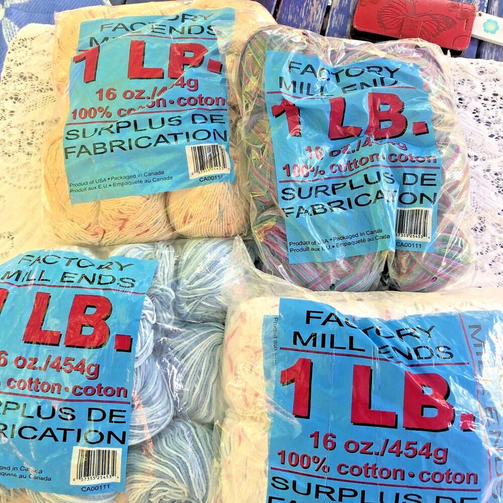 4lb Lot Mill Ends Cotton Yarn 16 oz Med Wt 4 Self Striping ivory, purp/gr, blue,
